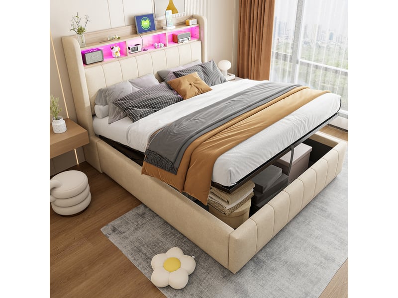  Lit capitonné 140 x 200 cm beige en lin, led multicolore, usb et type-c, coffre hydraulique, sans matelas  - Conforama D