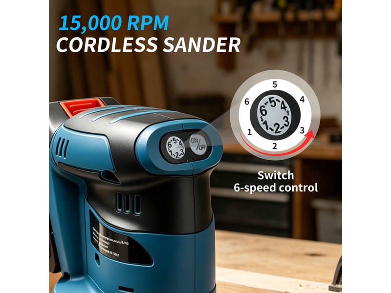 Ponceuse orbitale sans fil 21v avec moteur 1200w, 6 vitesses 15000rpm, batterie 4.0ah, sac à poussière et patin auto-agrippant 8 trous - Conforama B