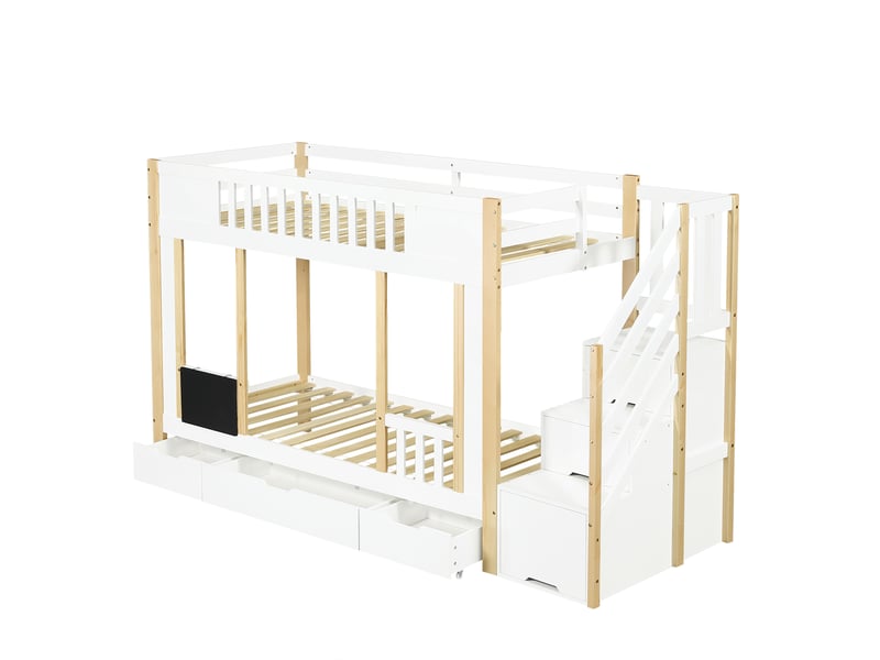  Lit superposé enfant avec escalier rangement, 3 tiroirs à roulettes et tableau, 90x200cm, blanc et naturel  - Conforama A