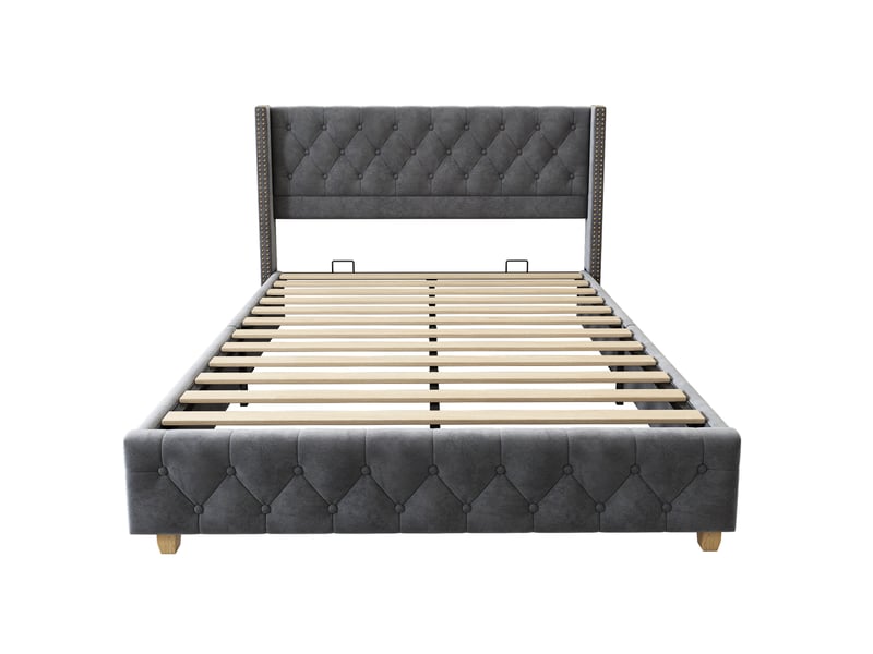  Lit  adulte 160x200 cm, tête de lit, design capitonné à boutons, sommier, velours gris, sans matelas  - Conforama D