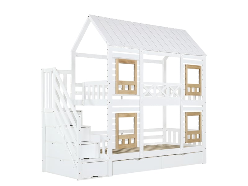 Lit superposé enfant 90x200 cm, avec escalier de rangement de sécurité et 2 tiroirs sur roulettes, en bois de pin massif et mdf, blanc et naturel - Conforama D