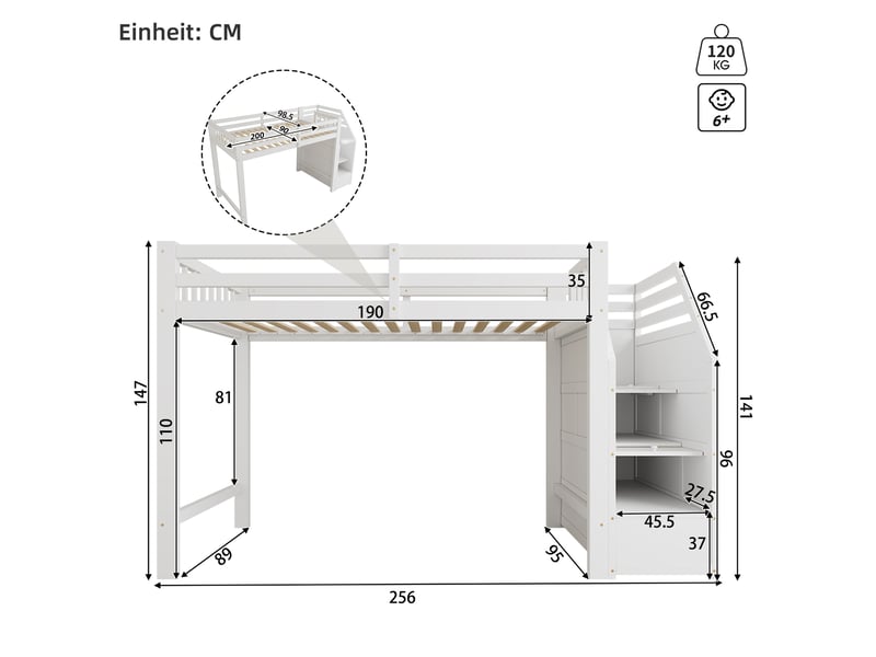 Lit mezzanine enfant 90x200 cm avec escalier de rangement en pin et mdf blanc - Conforama E
