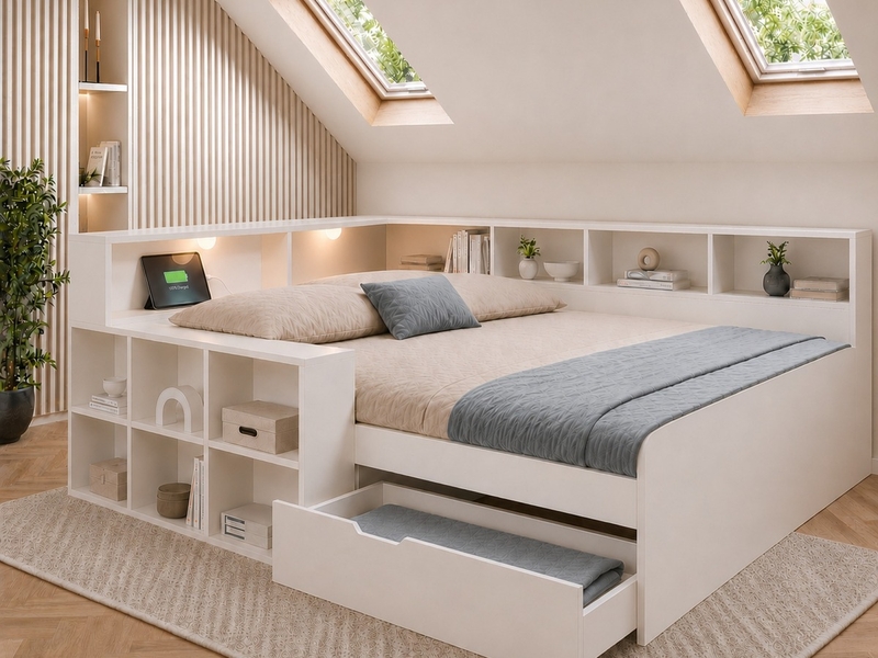  Lit enfant 140x200 cm blanc avec rangement, tiroirs, éclairage led et prises usb type-c, fonctionnel  - Conforama B