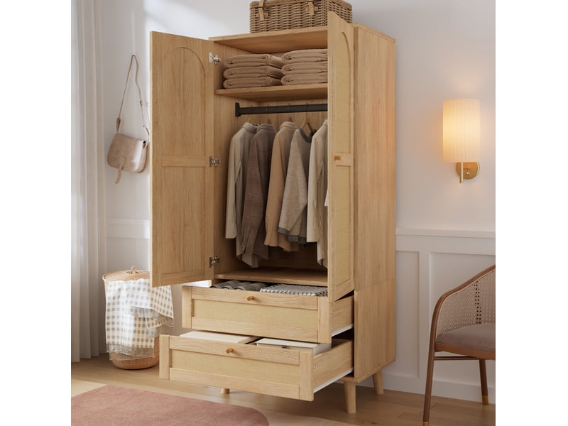  Armoire 80x50x180 cm avec penderie et 2 tiroirs, aspect rotin, naturel  - Conforama B
