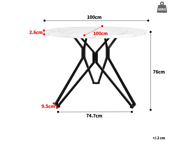  Table à manger ronde 100 cm pour 4 personnes, plateau mdf effet marbre, noire  - Conforama C
