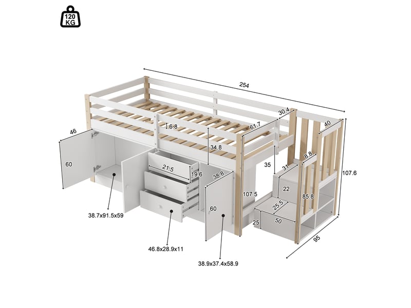 Lit mezzanine enfant 90×200 cm escalier, tiroirs, 2 placards et penderie - sans matelas, mdf - blanc  - Conforama D