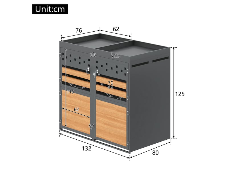  Coffre double pour bacs à déchets 132x80x125 cm toit à planter métal anthracite et aspect bois  - Conforama E