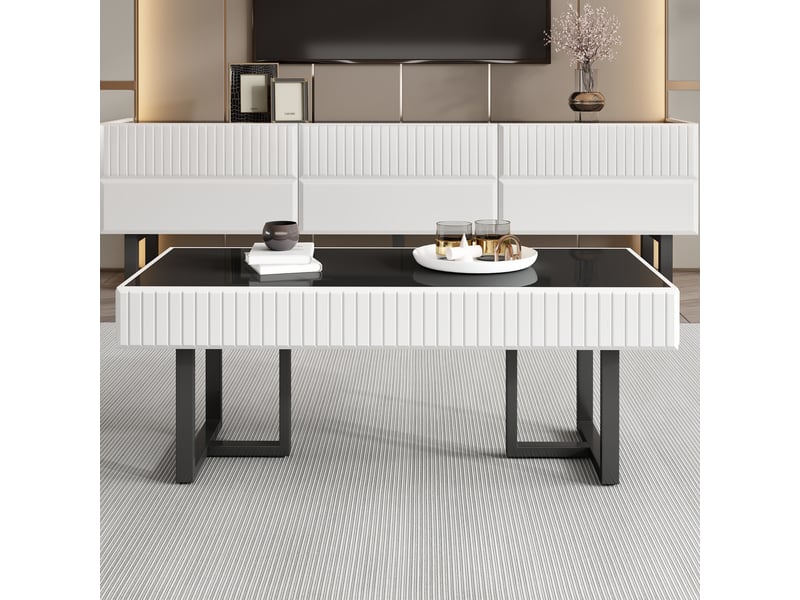  Ensemble meuble tv et table basse rayures bicolores mdf brillant  - Conforama B