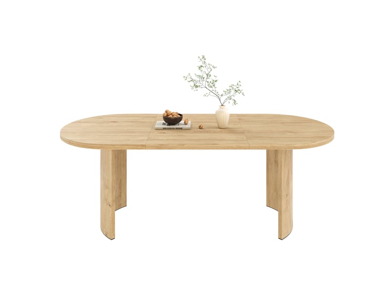  Table à manger 200x90x75 cm, 6 à 8 personnes, angles arrondis, plateau 28 mm pieds courbés mdf chêne clair  - Conforama A