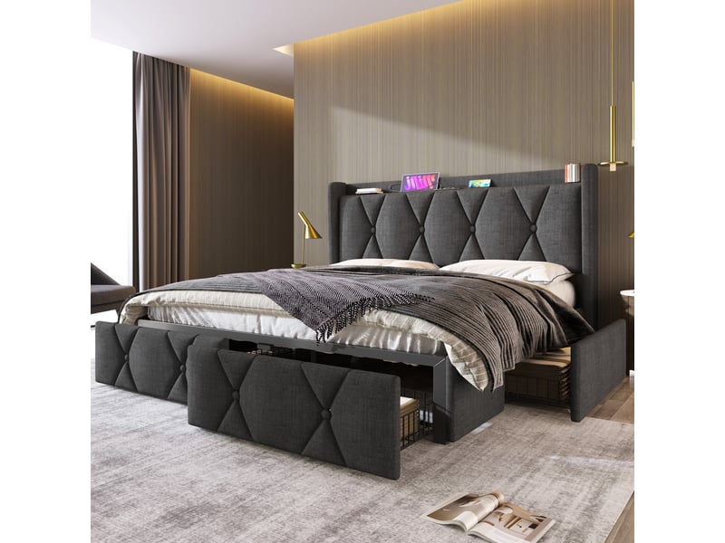 Lit coffre gris 160x200 cm avec chargeur usb intégré, 4 tiroirs, sommier bois - sans matelas - Conforama C