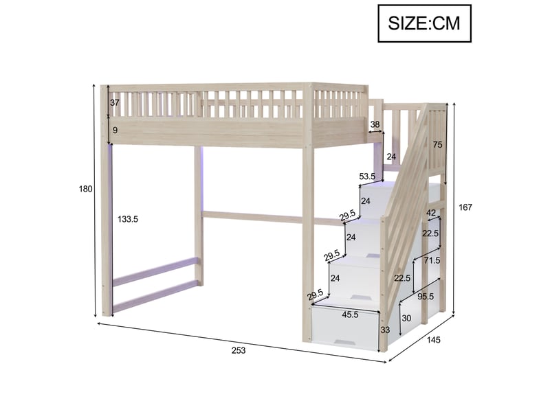  Lit mezzanine 140 × 200 avec escalier de rangement, garde-corps et bande led, en bois couleur naturelle  - Conforama C