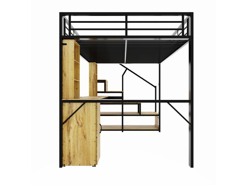 Lit enfant 140 x 200 cm bureau intégré lit double structure en fer stable compartiments de rangement armoire intégrée escalier à rangement prise de charge usb au bureau finition noire  - Conforama A