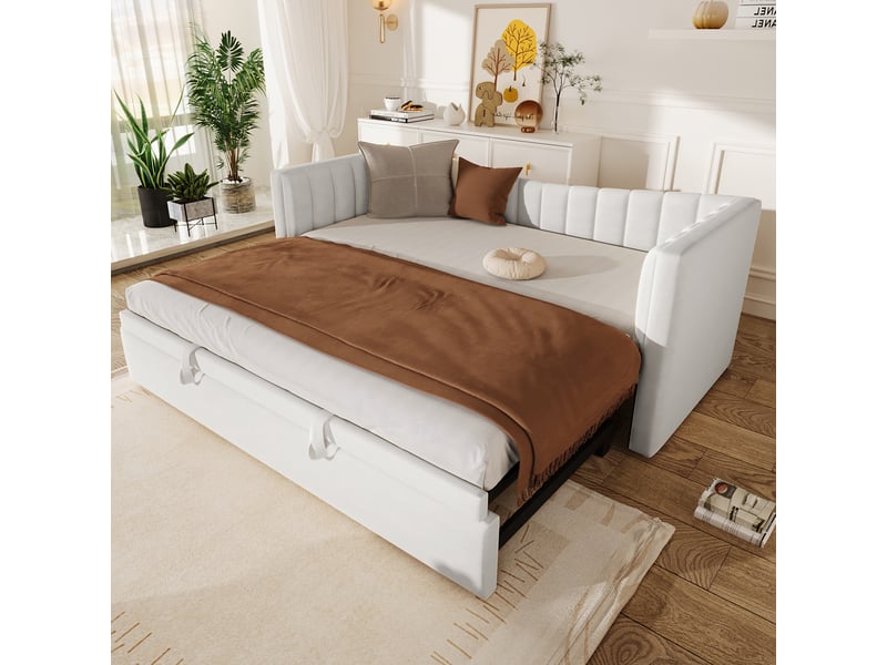 Lit de jour, 90 x 200 cm (180 x 200 cm) lit capitonné avec lit gigogne, canapé-lit, lit simple, lit double (sans matelas), velours, style minimaliste, blanc - Conforama B
