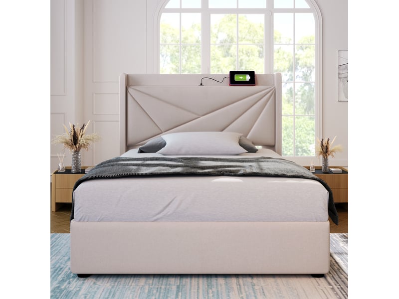  Lit coffre 90x200 cm avec tête de lit usb type-c, sommier à lattes, rangement, beige, avec matelas  - Conforama E