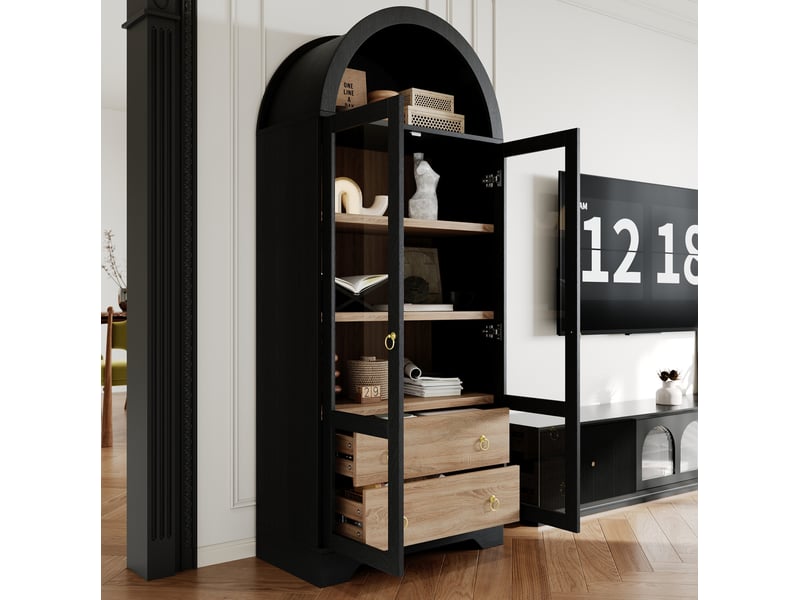  Buffet et enfilade avec 2 tiroirs, portes vitrées et étagères réglables pour cuisine, noir, 76,2 × 40,1 × 180 cm  - Conforama C
