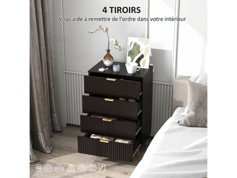  Commode 4 tiroirs commode chambre meuble de rangement moderne avec poignées et pieds dorés, noir, dim. 60 x 40 x 96 cm  - Conforama A