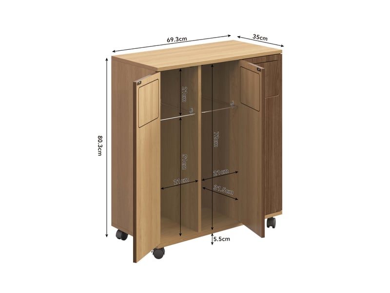 Meuble de tri des déchets 69,3x35x80 cm à roulettes en mdf avec 3 portes couleur naturel, confort optimal - Conforama C