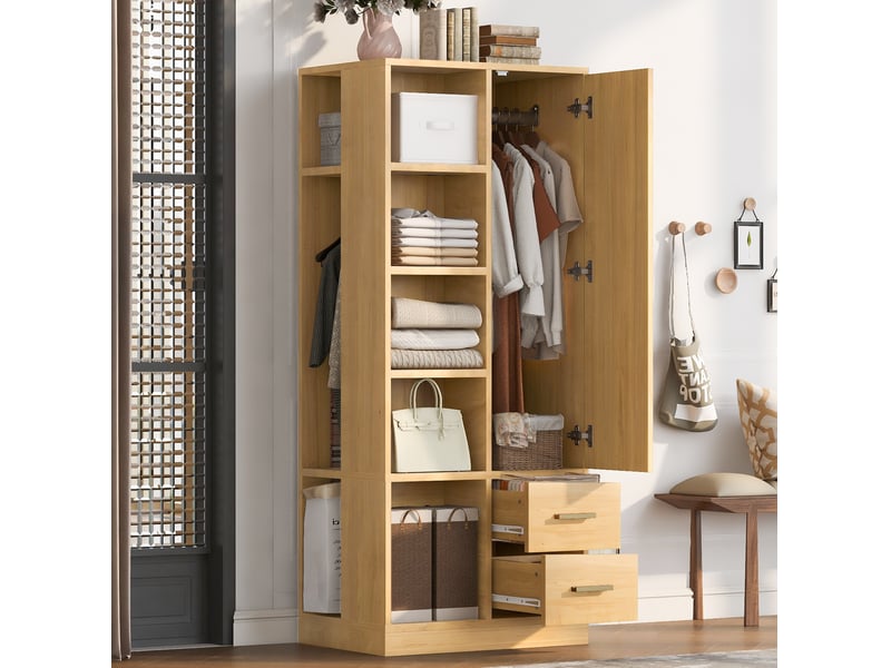  Armoire 1 porte 70x50x170 cm coloris bois clair avec 2 tiroirs  - Conforama B