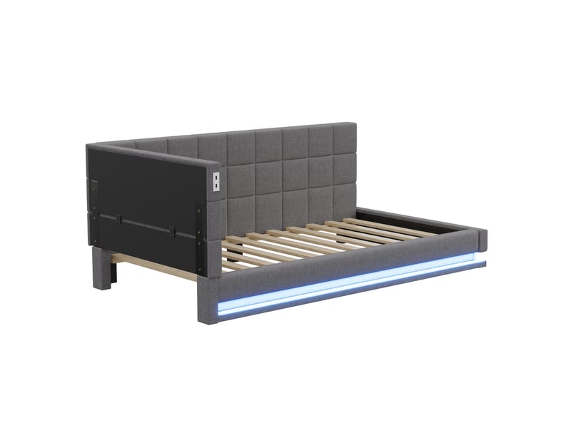  Lit banquette 90x200 cm en tissu gris, led, usb, sommier à lattes, design multifonction  - Conforama D