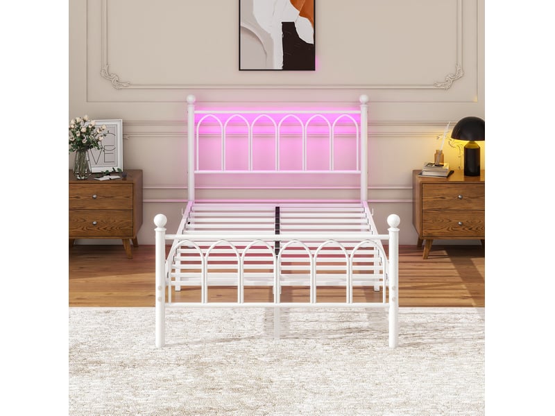  Lit métal 120 × 200 cm 1 place avec led réglable, usb, prise électrique et rangement, sans matelas, blanc  - Conforama C