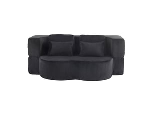 Canapé convertible au sol 2 places avec 4 coussins  - mousse haute densité, tissu velours noir