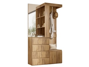 Vestiaire d’entrée avec miroir, 4 tiroirs, 1 porte, naturel, 100 x 35 x 180 cm