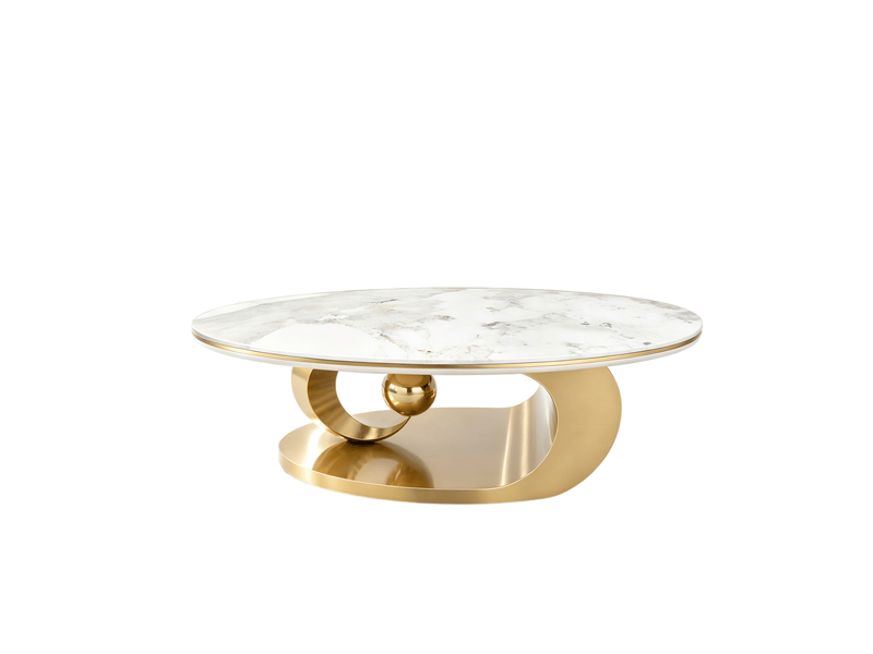  Table basse ovale 120x67x41 cm en plateau aspect marbre blanc et structure en métal doré, design élégant  - Conforama A
