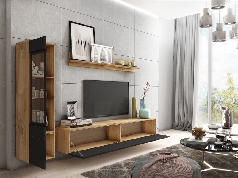  Ensemble salon 3 éléments: tv 180 + vitrine + étagère, chêne wotan noir brillant  - Conforama C