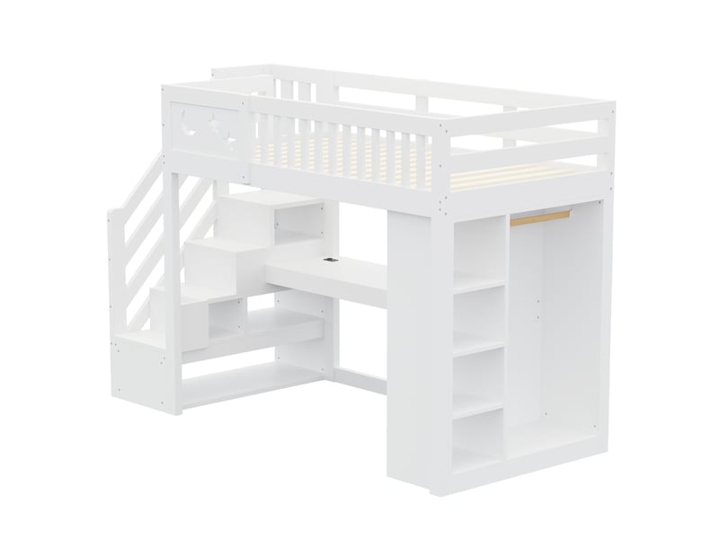  Lit mezzanine 90x200 cm avec bureau, rangements, led et prises, blanc, sans matelas  - Conforama E