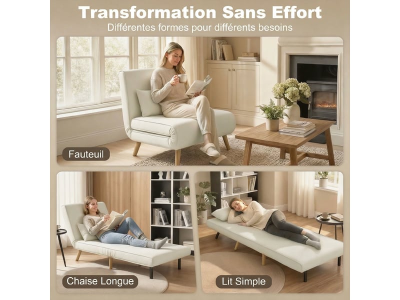 Fauteuil chauffeuse convertible 3 en 1 lit fauteuil lit 1 dossier place 5 positions en tissu avec coussin, crème - Conforama D