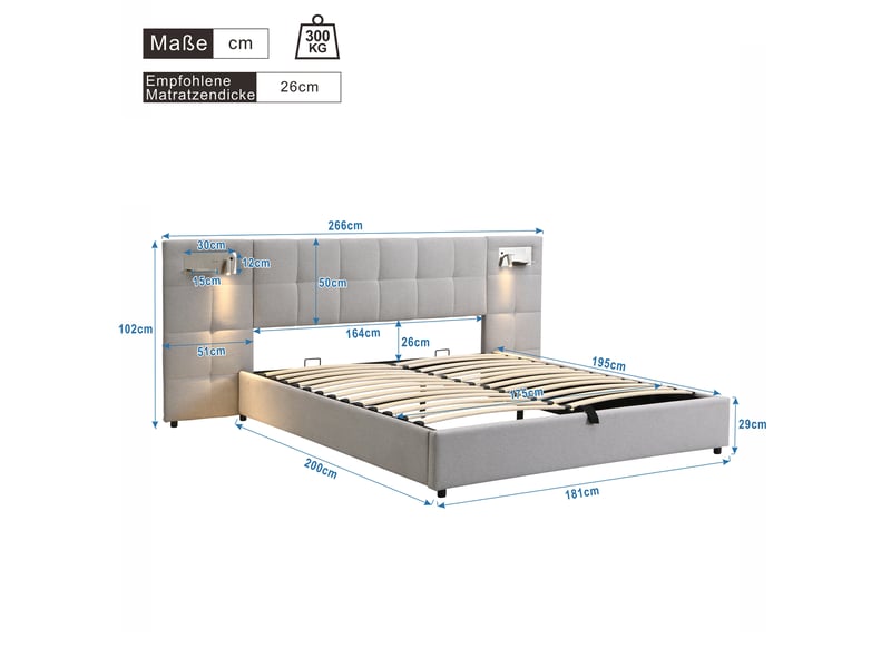  Lit rembourré 180 x 200 cm, sommier hydraulique, avec port usb, chargeur sans fil, lampe d'éclairage et espace de rangement, pour adultes et adolescents, sommier à lattes en bois, montage facile, lin, gris  - Conforama C