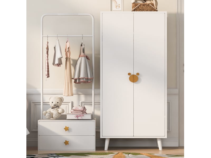  Armoire enfant modenvie 140 x 55 x 170 cm blanche avec penderie, 2 tiroirs et portes doubles  - Conforama D