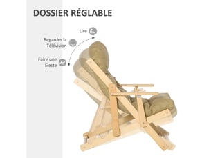 Fauteuil chaise de salon pliable et inclinable en bois fauteuil relax confortable avec coussin capitonné épais - marron clair 71 x 89 x 96 cm