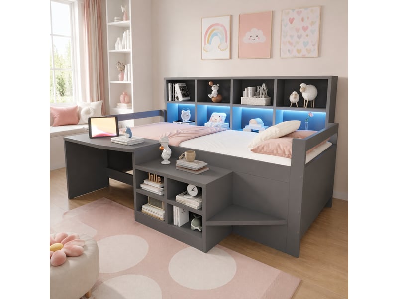  Lit combiné enfant 90 x 200 cm avec bureau, rangements, prises et éclairage led, blancgris  - Conforama B