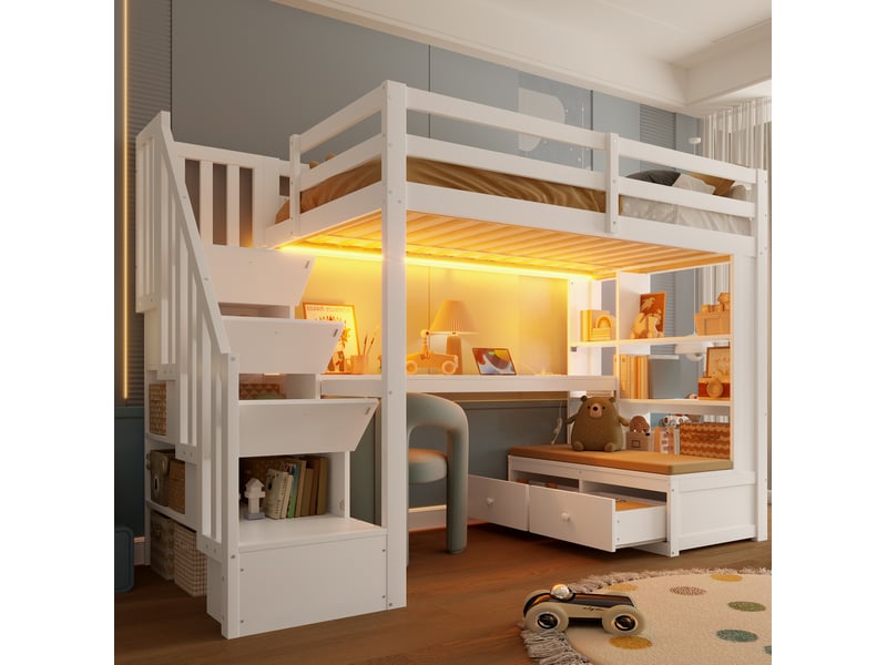  Lit mezzanine 90x200 cm avec bureau, étagères, tiroirs et escalier de rangement en mdf et bois blanc sans matelas  - Conforama D