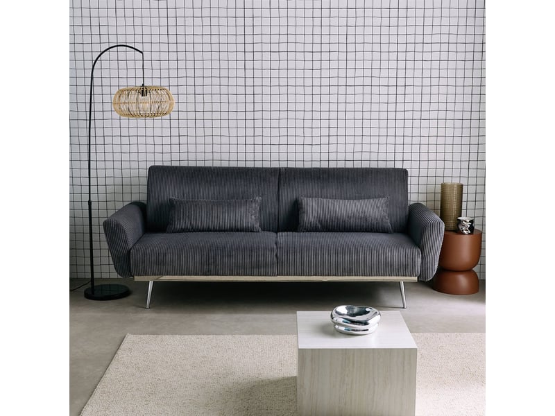 Canapé convertible design en velours côtelé gris foncé - oskar - 3 places scandinave droit avec pieds métal chromé  - Conforama B