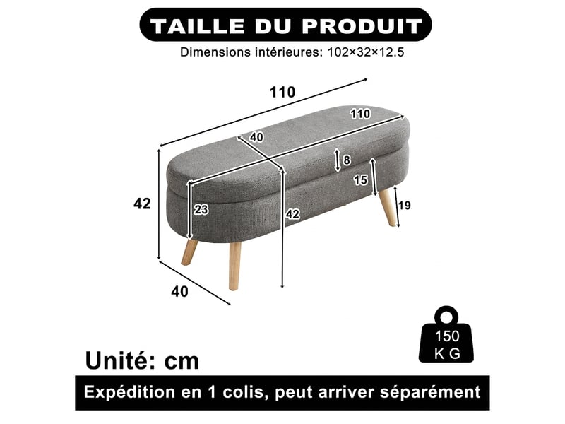  Banc de rangement 110 cm en tissu chenille ovale avec coffre, pour chambre et salon  - Conforama C