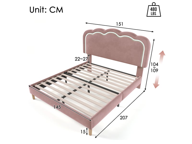 Lit enfant 140x200 cm, lit double capitonné, avec sommier à lattes et tête de lit led réglable, velours, rose, sans matelas - Conforama C
