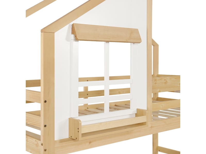  Lit superposé 90×200 cm avec tiroirs, fenêtres et escalier de rangement avec rampes, forme de maison adapté aux enfants et adolescents, blanc et naturel  - Conforama C