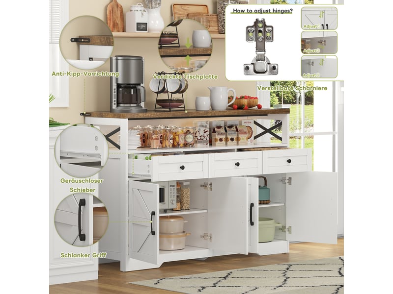 Buffet rustique blanc et marron 140x95cm, meuble de rangement cuisine avec 3 tiroirs et 2 portes, style campagne moderne - Conforama D