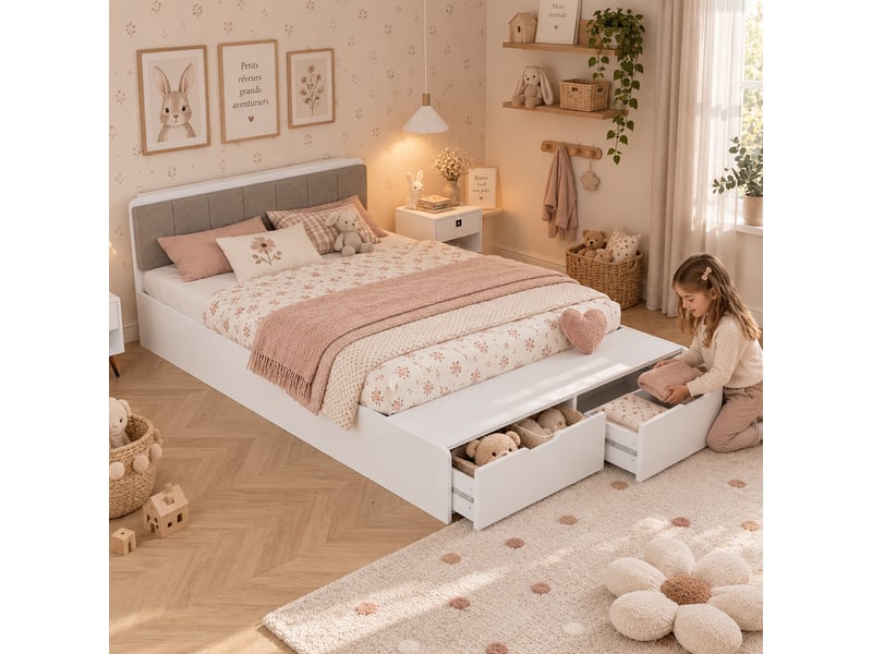 Lit enfant avec rangement 140x200 - banc au pied, 2 tiroirs et tête rembourrée - bois et tissu - blanc CozyNest - Conforama D