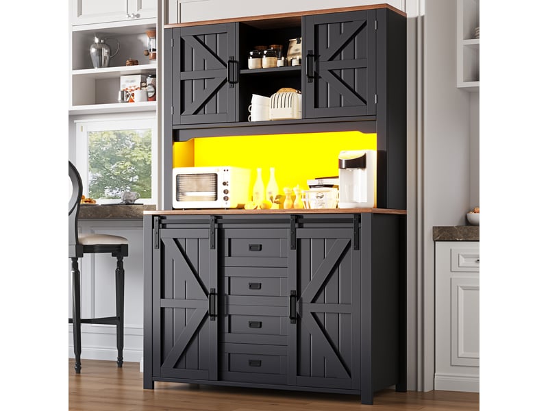 Meuble de cuisine noir de 115 cm de largeur muvano, portes coulissantes et éclairage led - Conforama B