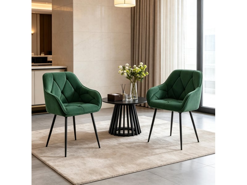  Lot de 2 chaises de salle à manger en velours vert foncé avec accoudoirs en métal  - Conforama D