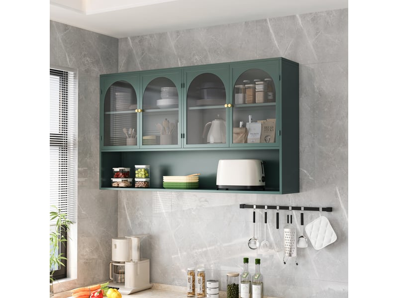 Armoire murale 120 cm vert foncé à 4 portes en verre gris, rangement cuisine salon salle de bain - Conforama B