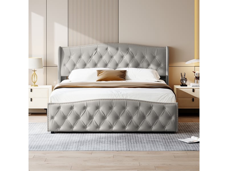  Lit coffre 140x190cm - lit double 140x190 avec tête de lit capitonnée vague, rivets, coffre &amp; velours - gris  - Conforama C