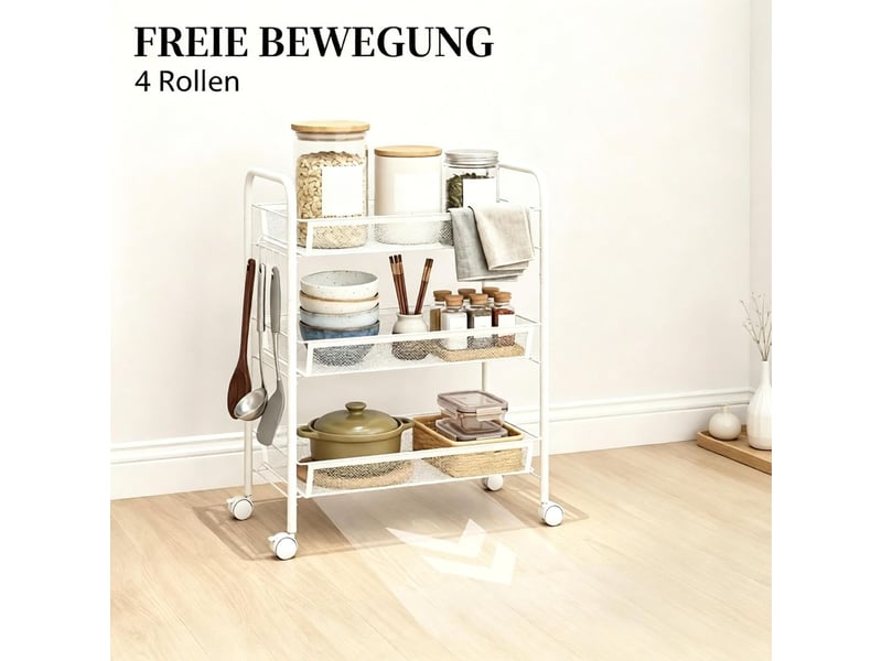  Desserte de cuisine 3 niveaux de rangement paniers intégrés structure sur roulettes  - Conforama E