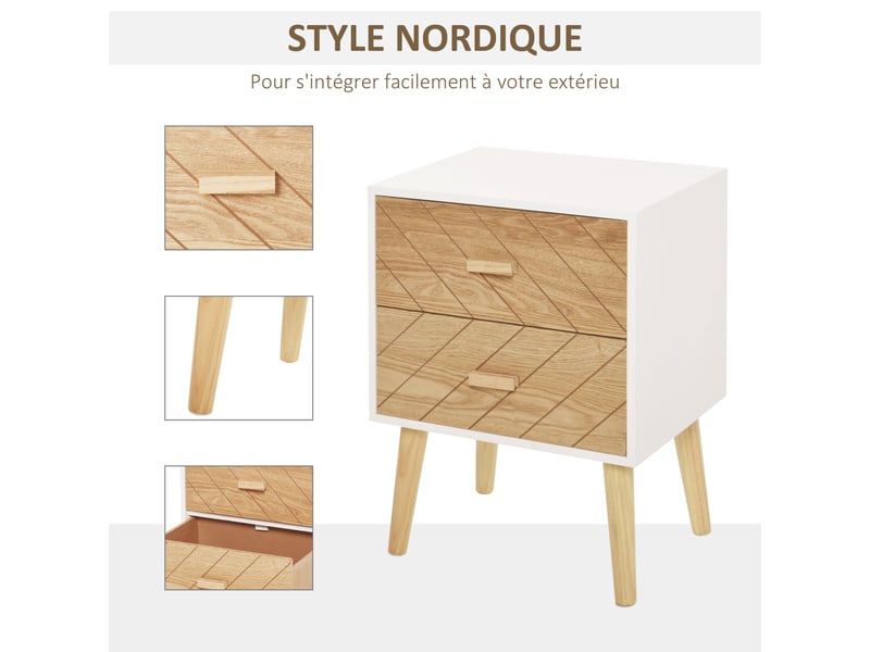 Table de chevet chiffonnier commode meuble de rangement avec 2 tiroirs scandinave 40l x 30l x 56h cm en bois  - Conforama E