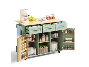 Îlot de cuisine vert antique desserte sur roulettes avec plateau rabattable 139cm chariot de rangement mdf