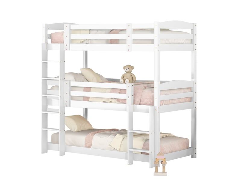  Lit superposé enfant 3 places 90×200 cm avec 2 échelles et barrières  - sans matelas, bois blanc  - Conforama A