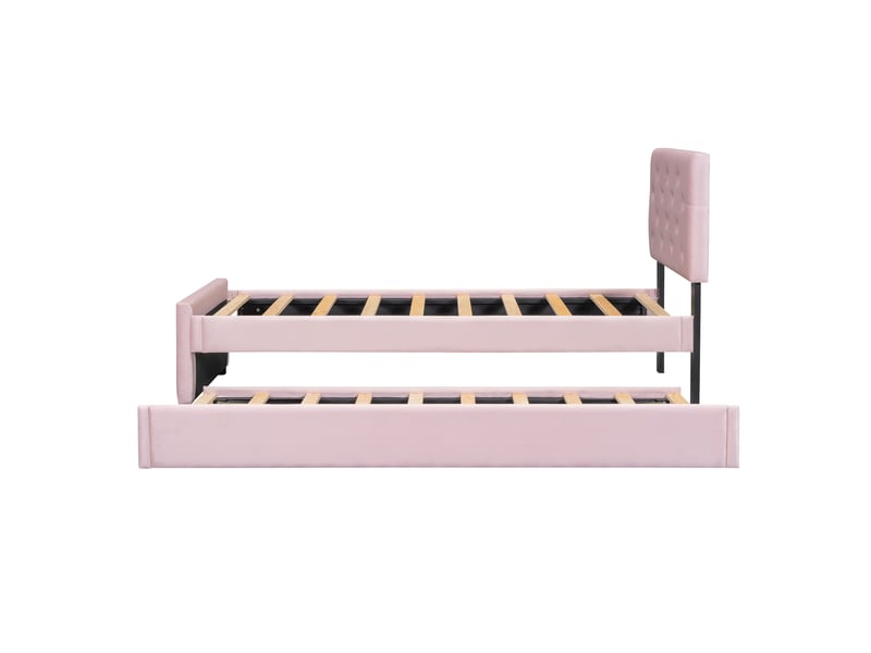 Lit enfant 90x200 cm avec lit gigogne, tête à boutons et sommier, velours et mdf, rose, sans matelas - Conforama D